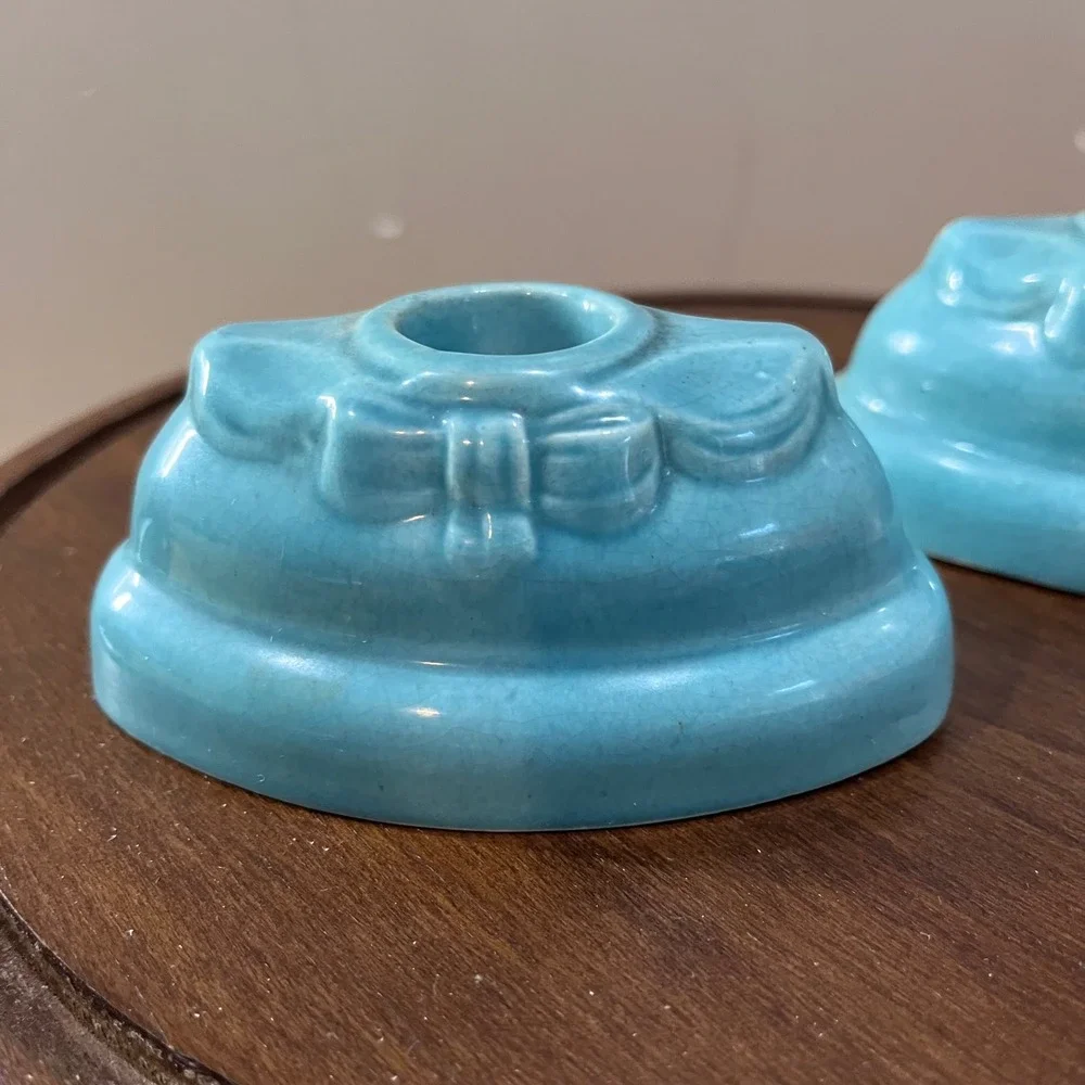 Vtg Art Pottery Aqua Blue Bow Candle Holder Set Mid Century Modern 2pc